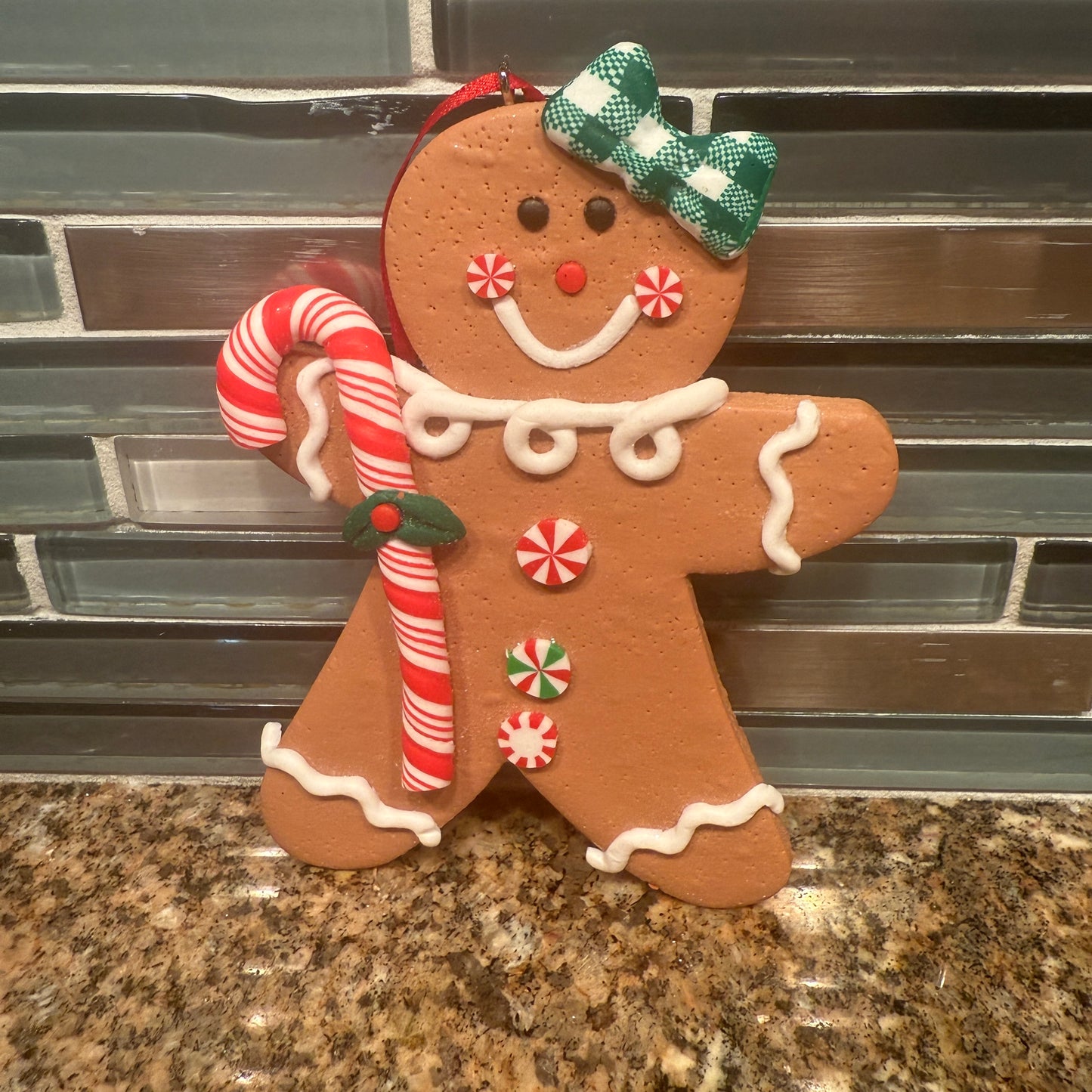Ginger bread Girl Green Plaid Bow Ornament