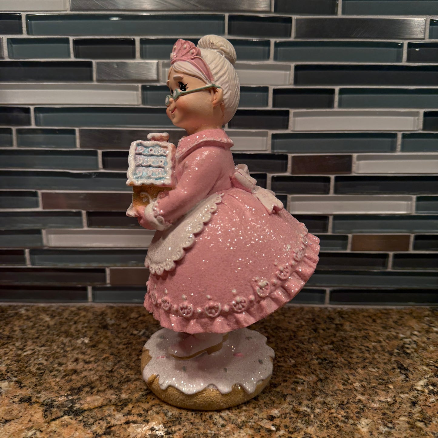 Mrs. Claus Pink Pastel Christmas Figurine with Gingerbread House Holiday Decor