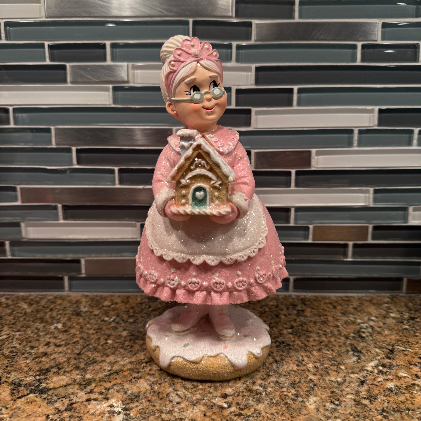 Mrs. Claus Pink Pastel Christmas Figurine with Gingerbread House Holiday Decor